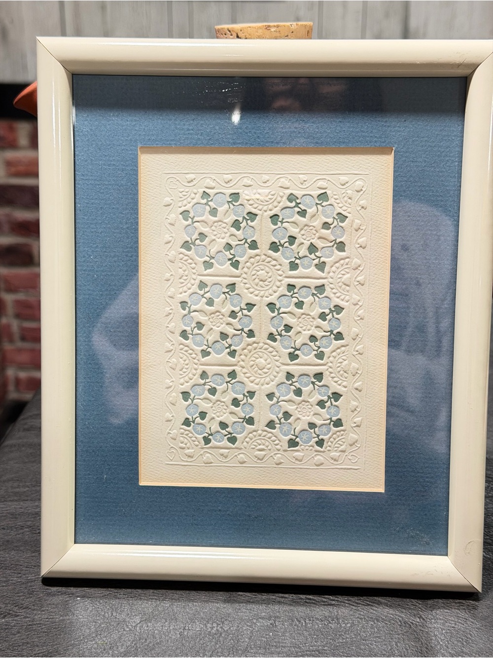 Framed Embossed Cutout Artwork - Blue Mat, White Frame. Americana art. Country.